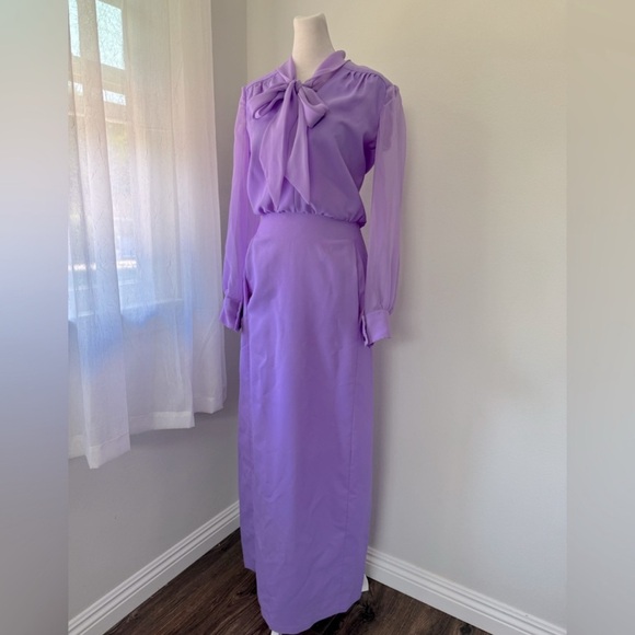 Vintage ‘70s Handmade Lavender Tie Neck Long Sleeve Floor Length Dress - Picture 2 of 5